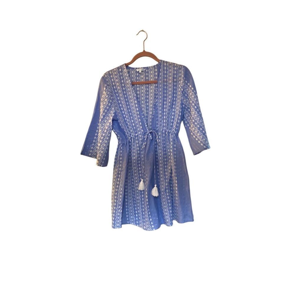 Blue island women’s blue and white ruffled open tie front cover up size medium